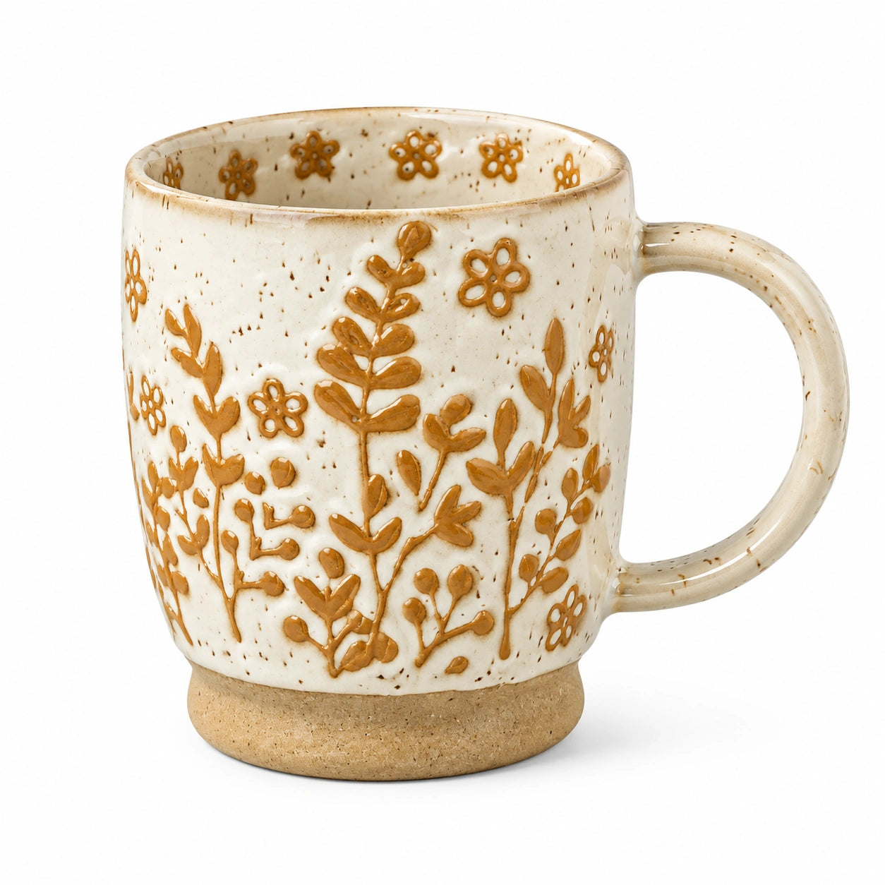 Keramiktasse 400 ml Beige Braun mit Blumenrelief für Heißgetränke