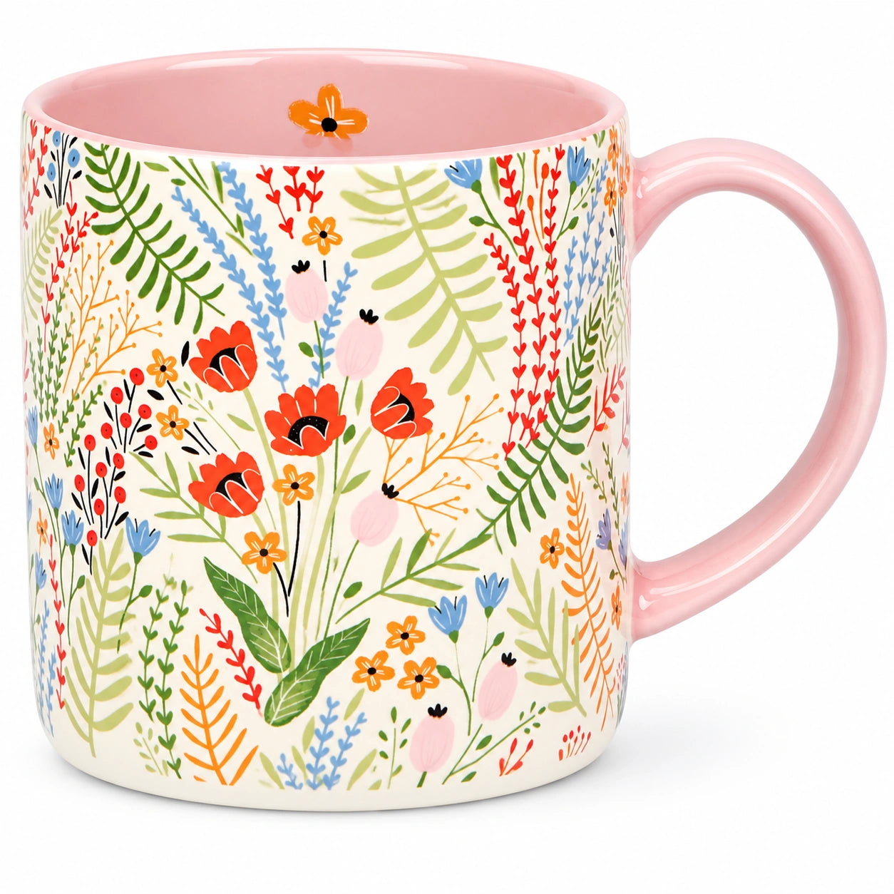 Keramiktasse 400 ml Rosa mit Blumenmuster für Heißgetränke