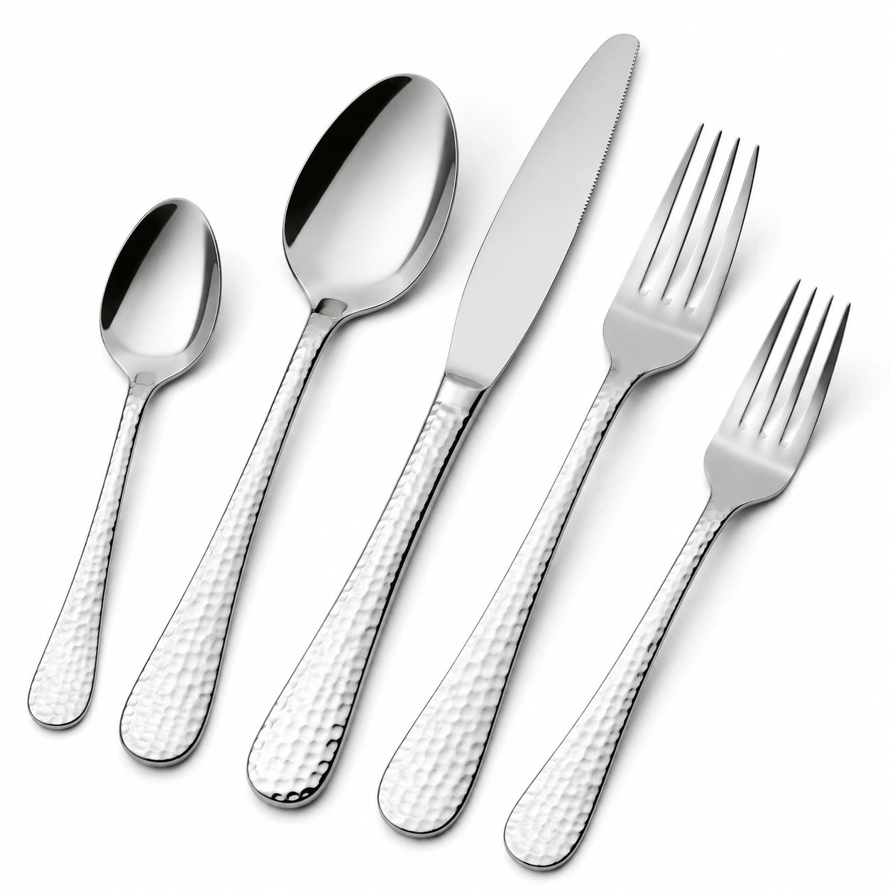 Besteckset 5-teilig aus Edelstahl in Silber mit gehämmerten Griffen für 1 Person