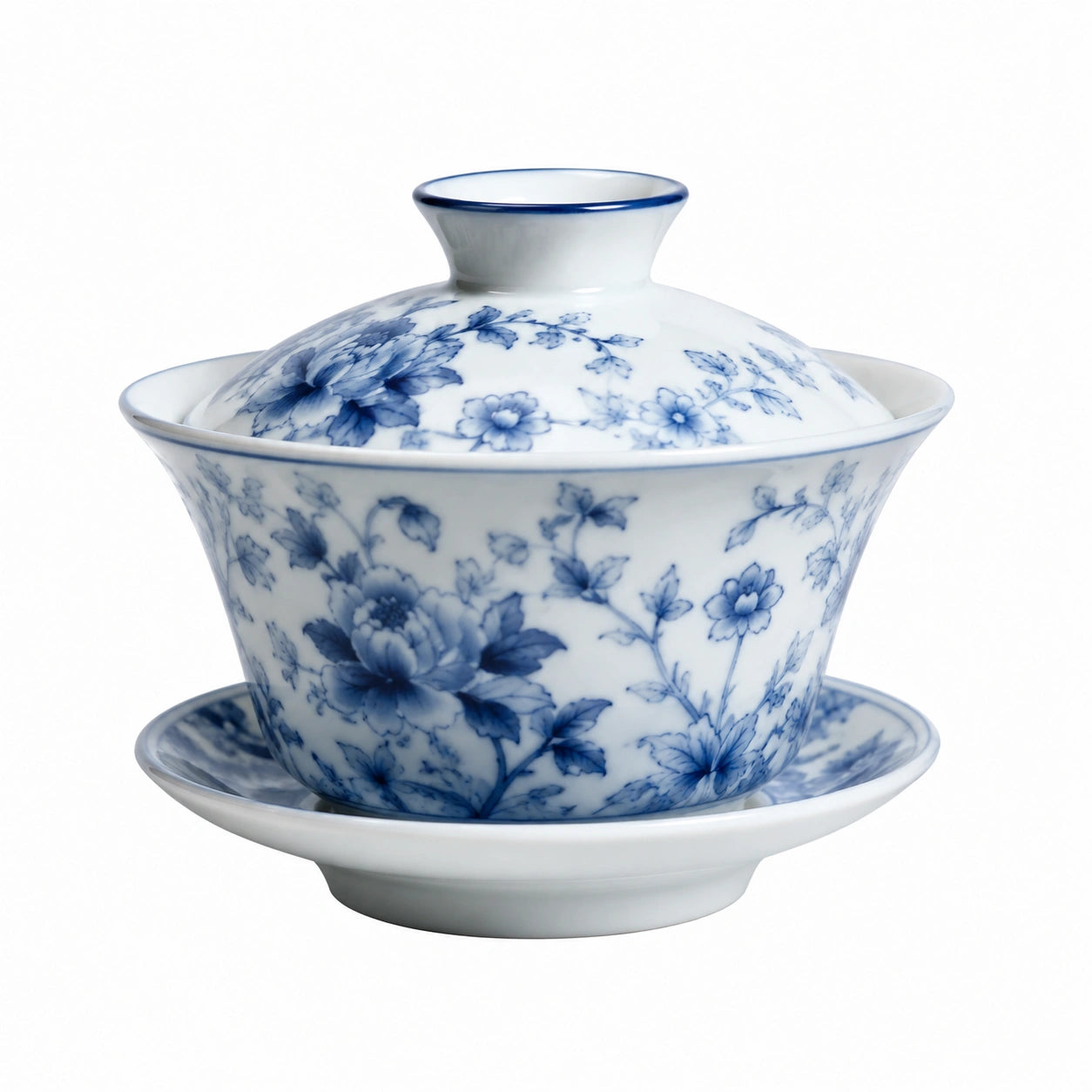 Gaiwan Teetasse 150 ml Porzellan Weiß Blau mit Blumenmuster traditionell