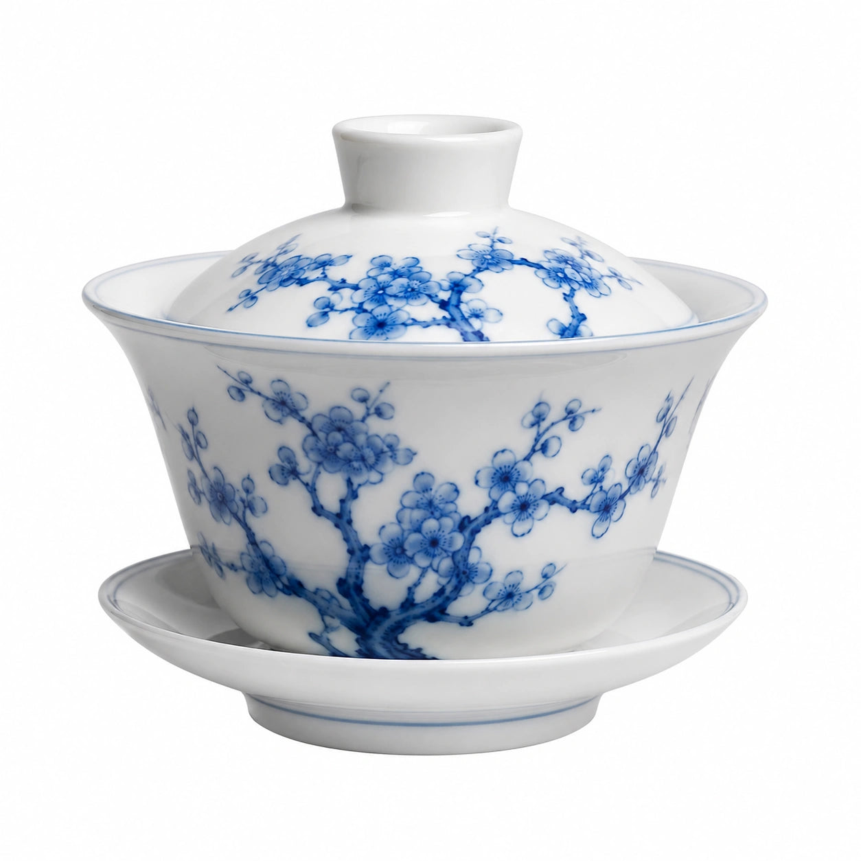 Gaiwan Teeschale 180 ml Porzellan Weiß Blau mit Blütenmuster und Deckel