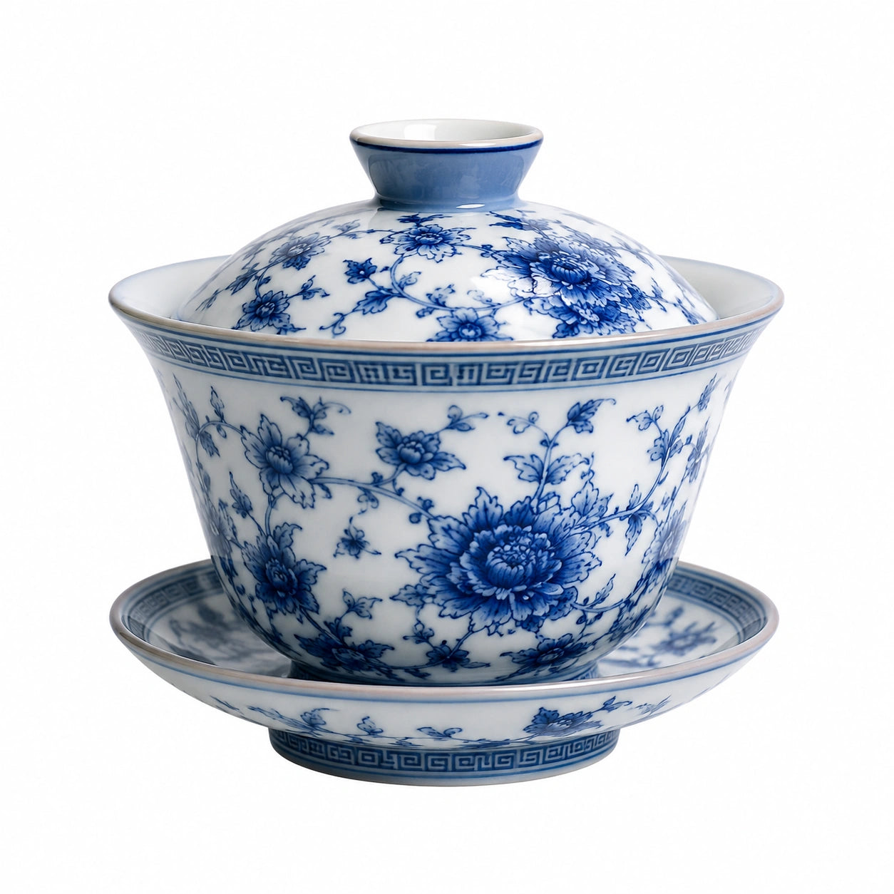 Gaiwan-Teeschale 10 cm aus Porzellan Blau Weiß mit Deckel Untertasse Blumenmuster