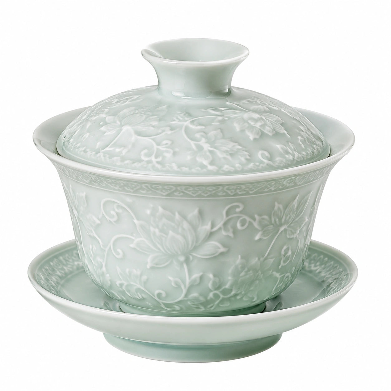 Gaiwan Teeschale 180 ml aus Porzellan Hellgrün mit Deckel Untertasse und Blumenrelief