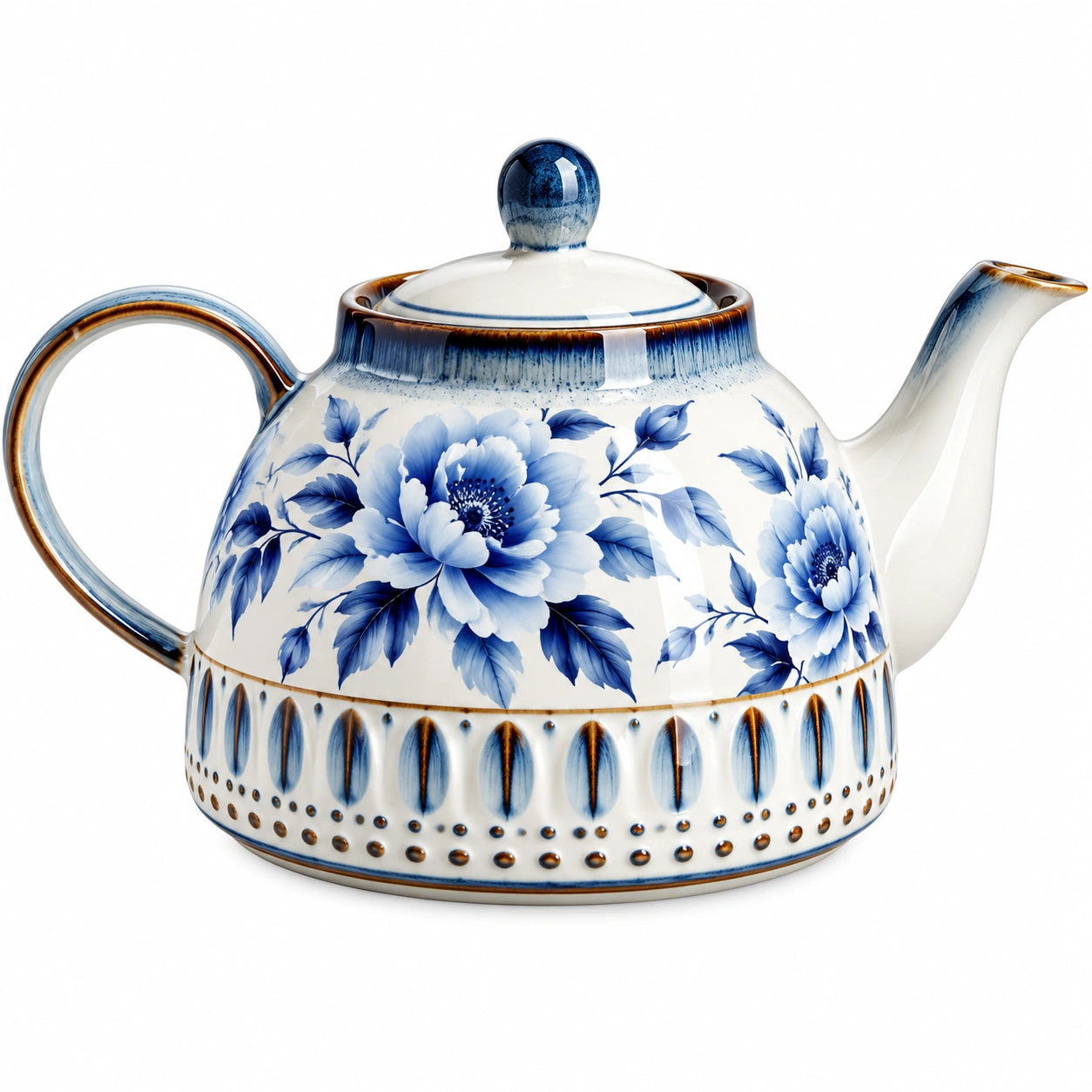 Teekanne 1000 ml Keramik Blau Weiß mit Blumenmuster und Deckel