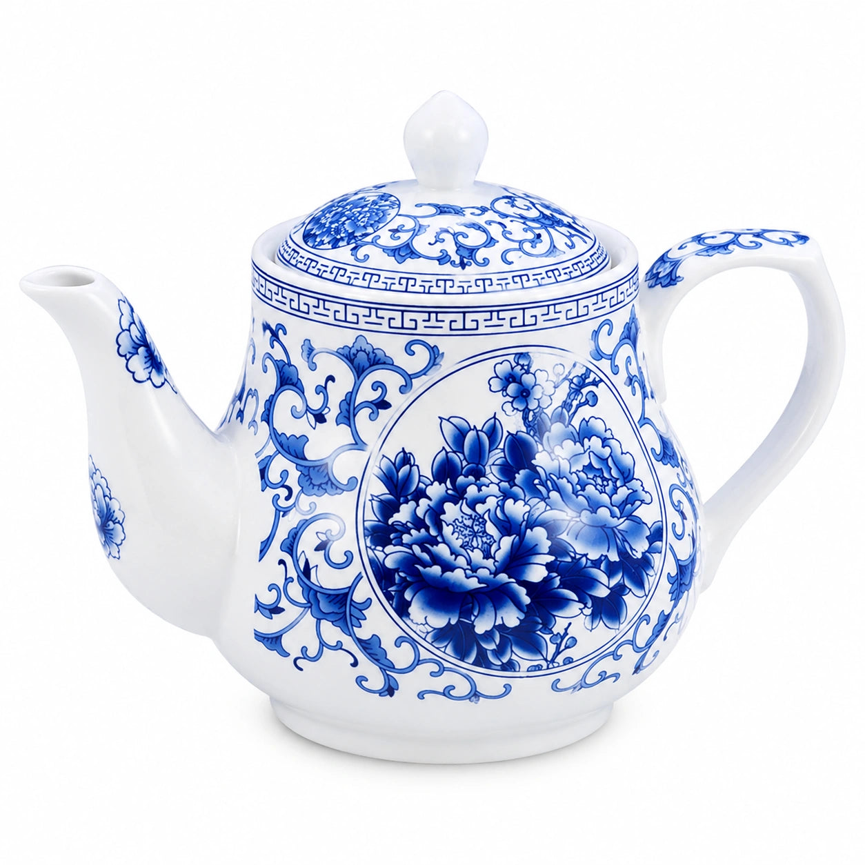 Teekanne 1000 ml aus Porzellan in Weiß Blau mit Blumenmuster und Deckel