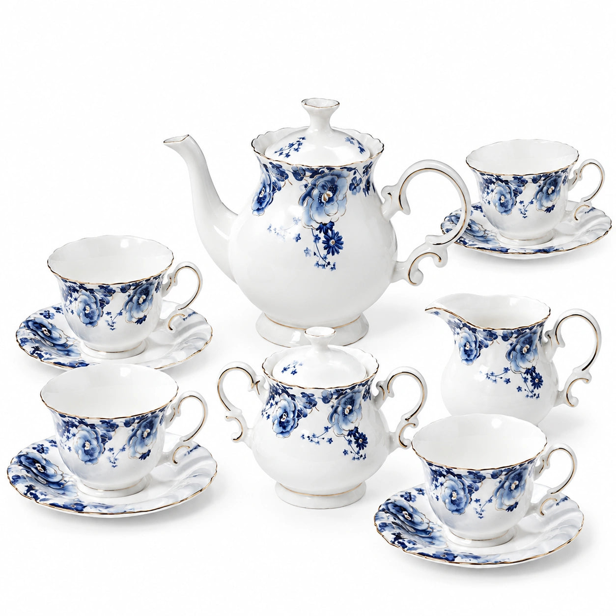 Porzellan Teeservice für 4 Personen weiß blau mit Blumendekor und Goldrand