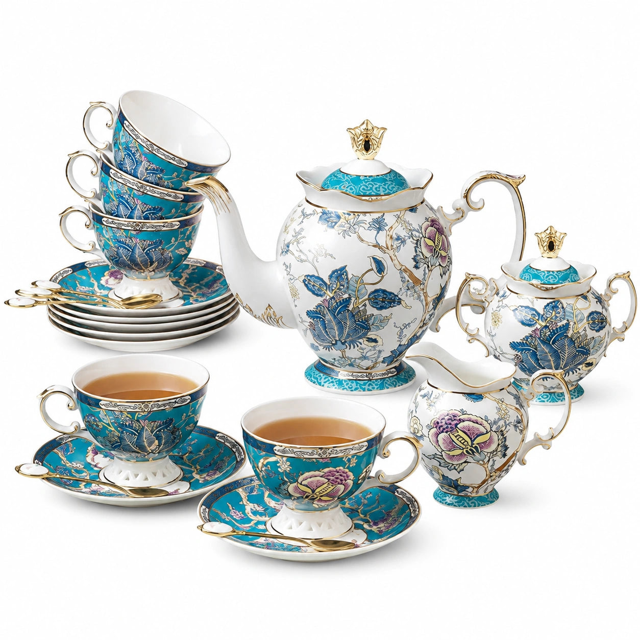 Porzellan-Teeservice für 6 Personen 28 cm Türkis Weiß Gold floral mit Teekanne