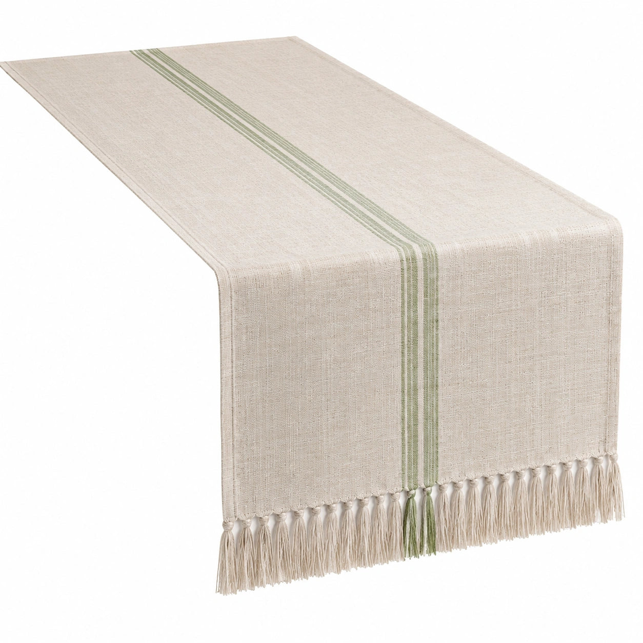Tischläufer 180 x 40 cm Textil Beige Grün mit Fransen