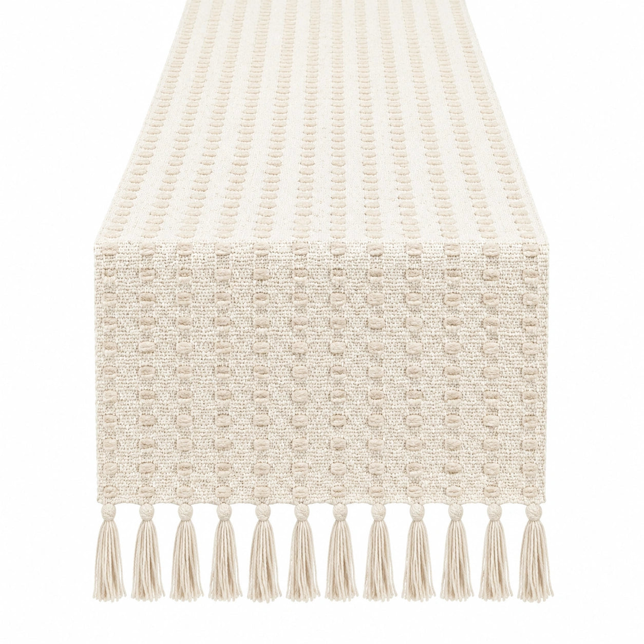Tischläufer 180 x 35 cm aus Baumwolle in Creme mit Fransen im Boho-Stil